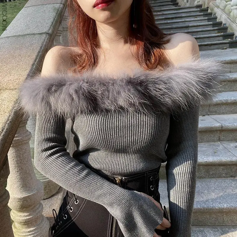 

Fur Slash Neck Off Shoulder Knitted Sweater Women Sexy Stretch Body Knit Basic Pullover Spring Autumn Casual Jumper