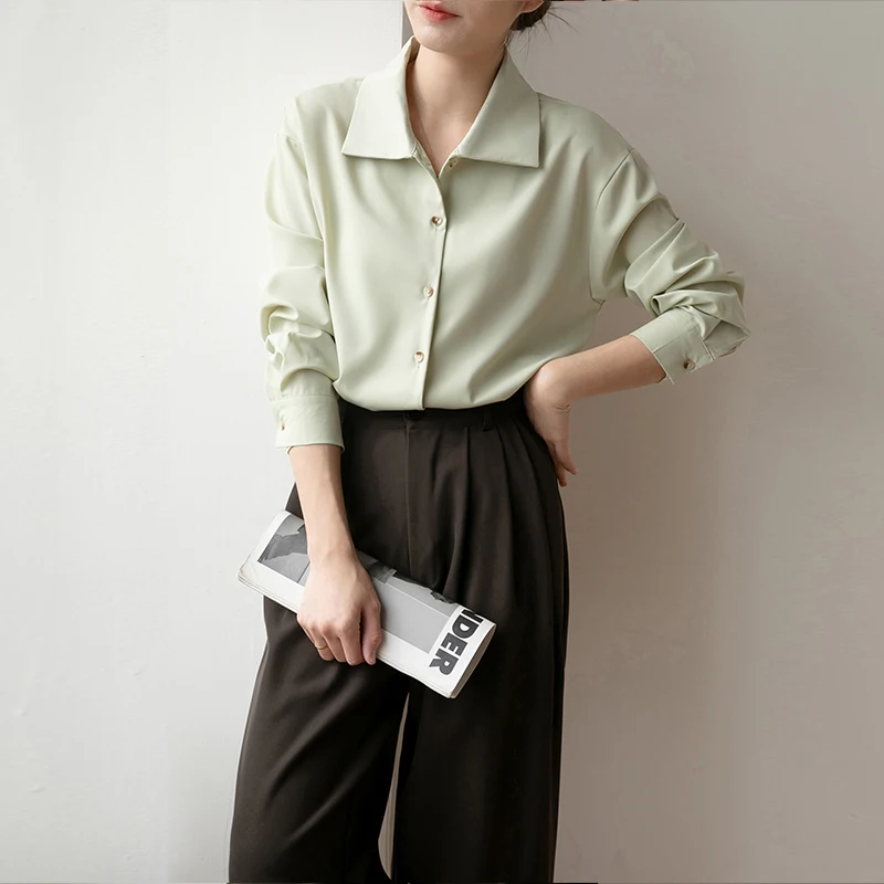 Женская однобортная рубашка свободная однотонная офисная во французском стиле с