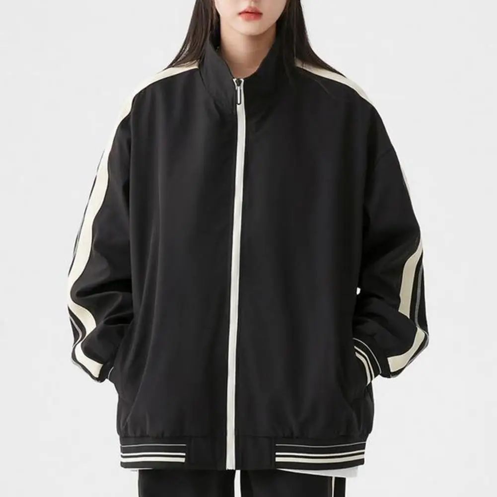

Retro Striped Stitching Jacket Stylish Versatile Vintage Color Matching Stand Collar Coat For All Ages