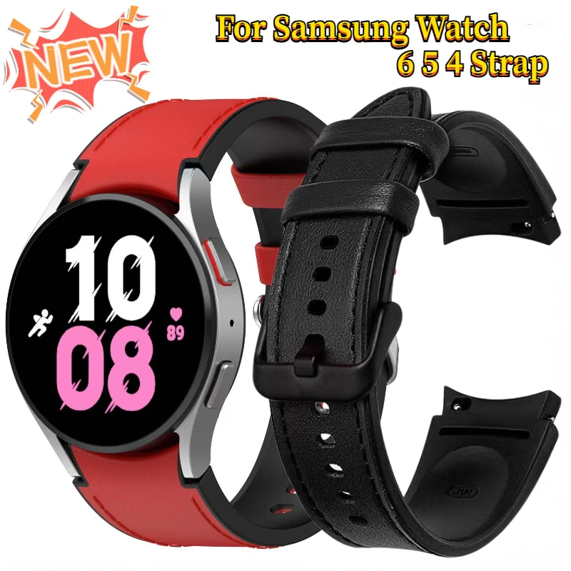 No Gap Silicone+Leather Strap for Samsung Galaxy Watch 6/5/4 44mm 40mm 5 Pro 45mm Bracelet for Watch 6 4 Classic 47mm 46mm Belt