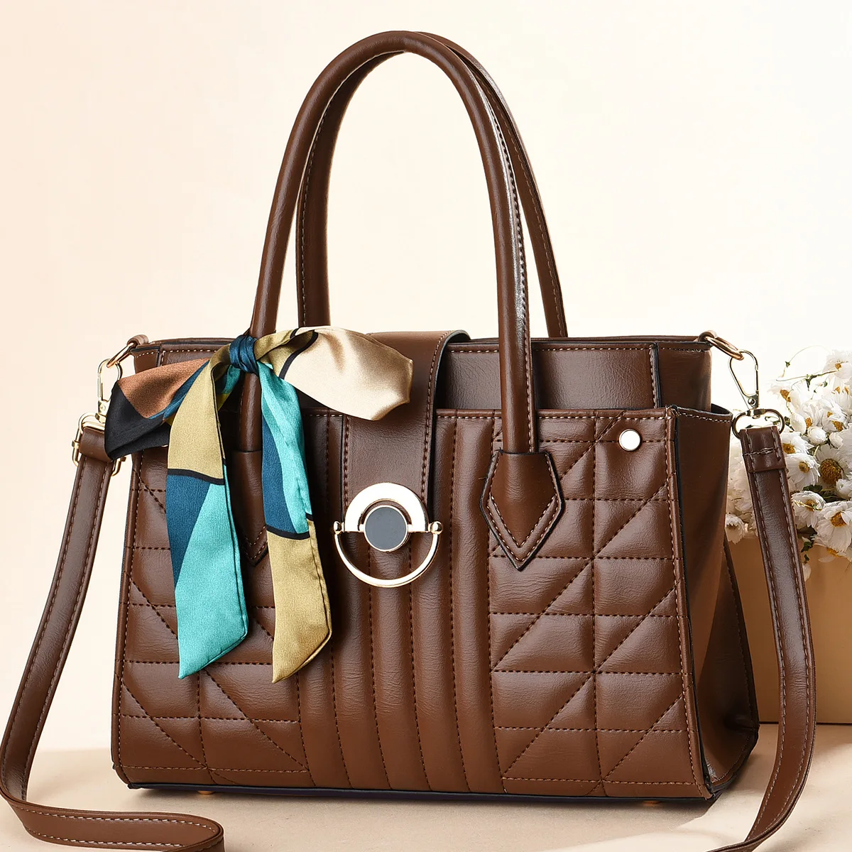 The New Simple Printed Silk Scarf Has A Large Capacity Solid Color One-shoulder Cross-body Texture Women's Bag