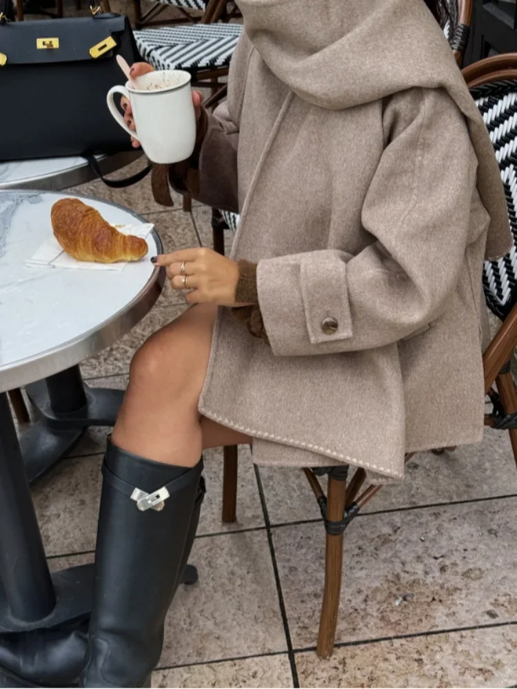 Модная шерстяная куртка цвета хаки с шарфом и воротником женская элегантная