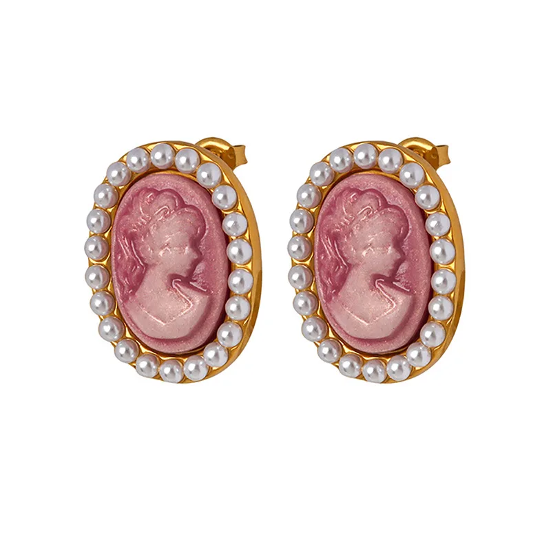 

Imitation Pearl Pink Resin Portrait Stainless Steel Charms Stud Earrings Elegant France Chic Vintage Palace Jewelry Women