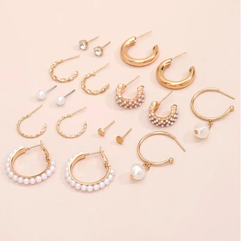 

6 Pairs New Personality Alloy Pearl Earrings Temperament Tassel Stacking Earrings Big Crystal Hoop Earrings Jewelry