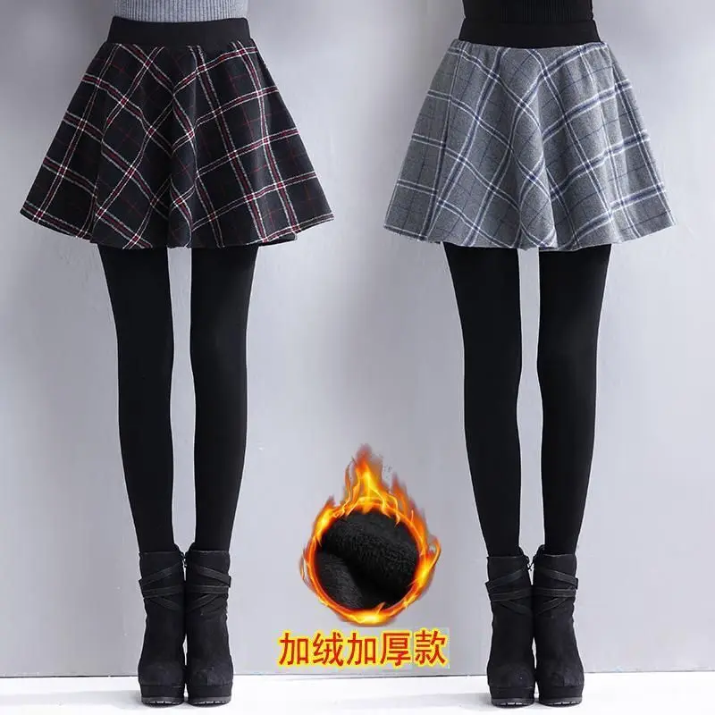 

Women winter warm fleece leggings fake two-piece velvet skirt pants
