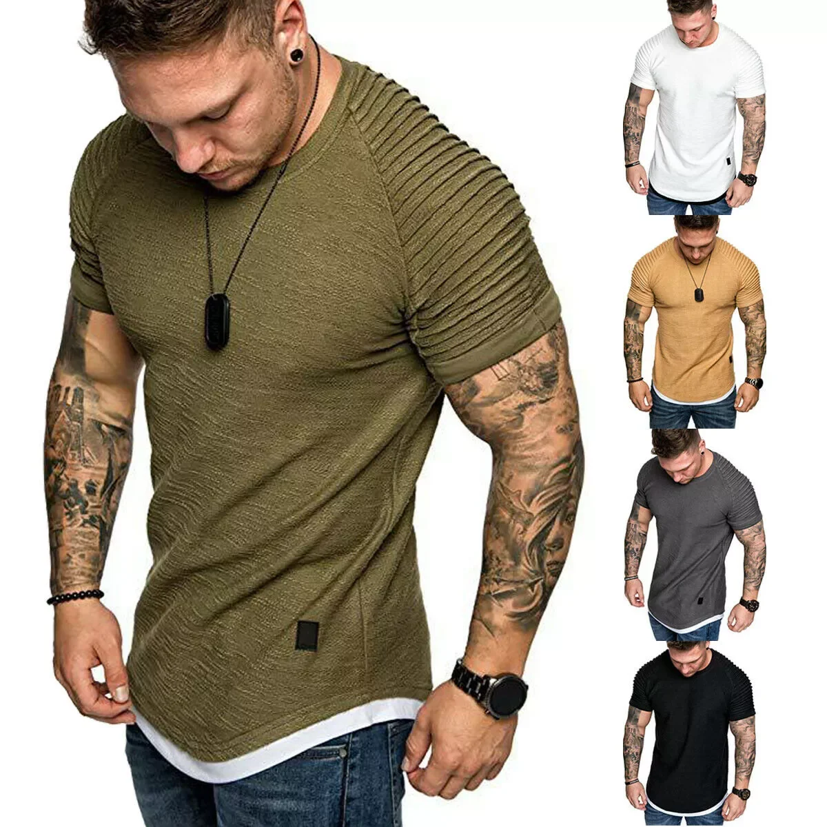 

2022NEW Men's T-Shirts Pleated Wrinkled Slim Fit O Neck Short Sleeve Muscle Solid Casual Tops Shirts Summer Basic Tee New