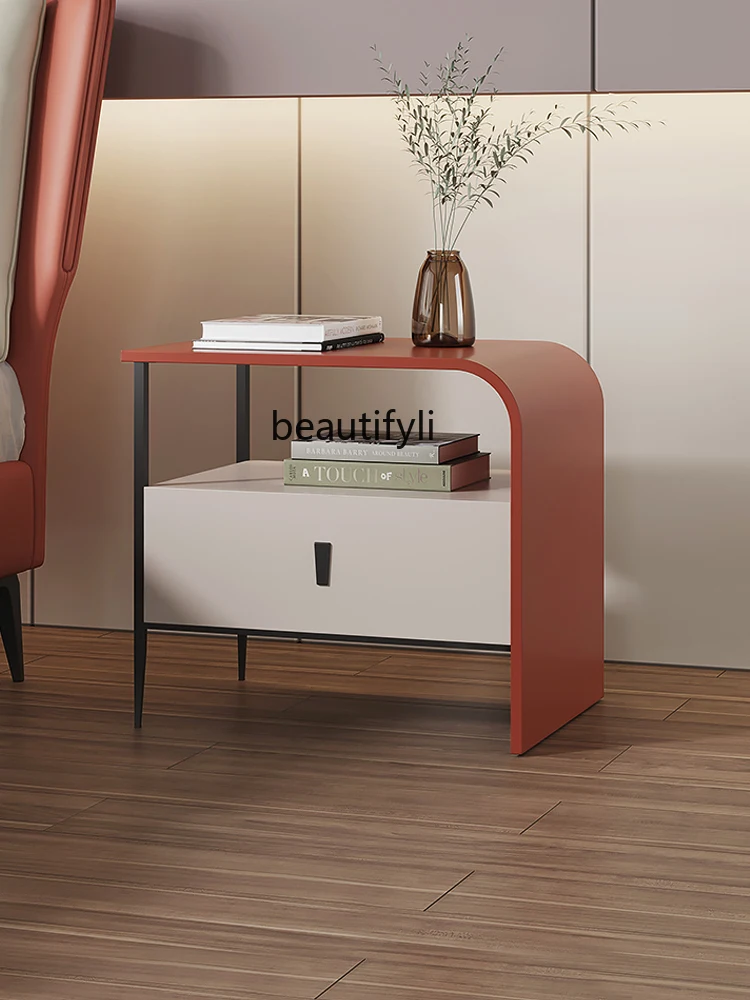 

zqItalian-Style Light Luxury Minimalist Paint Bedside Table Simple Modern Contrast Color Bedside Low Cabinet Modern Storage Rack