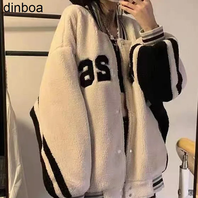 

Dinboa-women Baseball Jacket Lambs Wool Thicken Fleece Harajuku Jackets Bf Style Black Beige Coats Couple Baggy Winter Clothes