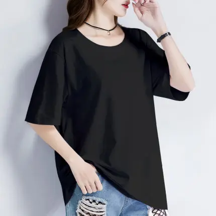 

Pure color T-shirt loose short-sleeved pure cotton mid-length and summer new style, verstile and comfortble