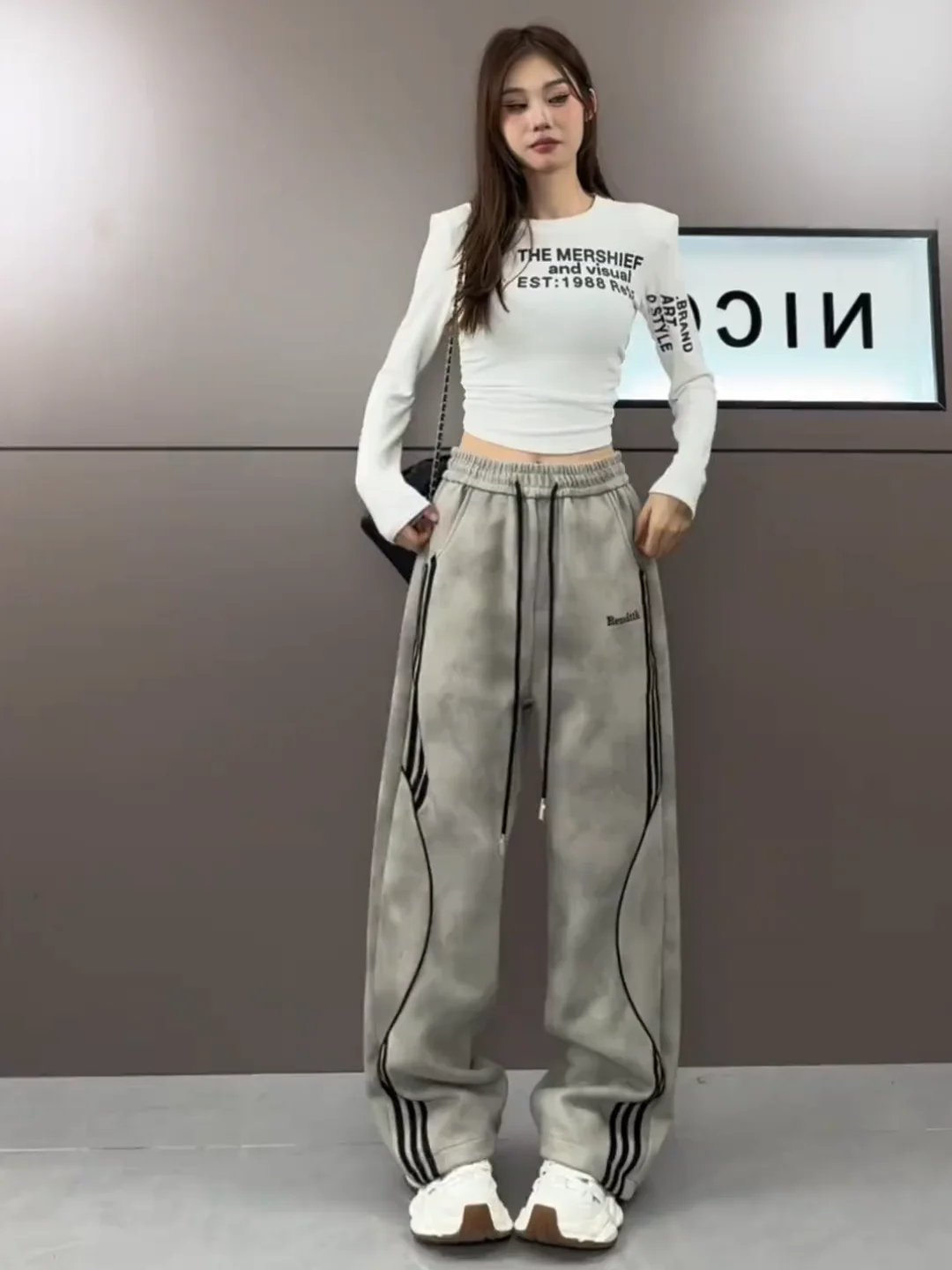 Plus Size Gray-green Tie-dye Heavy Industry Contrast Color Bars Fleece-lined Wide Leg Pants Women Autumn and Winter New Ameri...