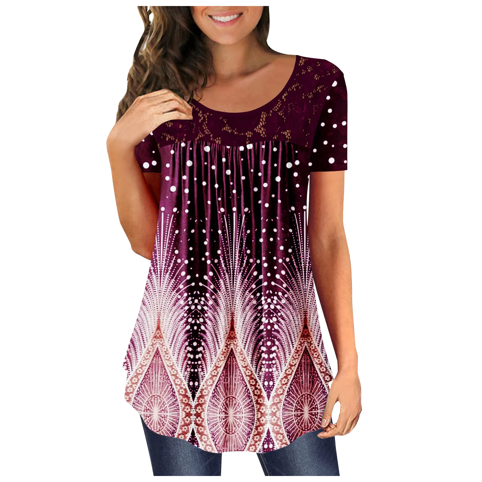 

Женская Повседневная футболка с цифровым принтом, свободная футболка с круглым вырезом и коротким рукавом, кружевные топы с прострочкой, же...