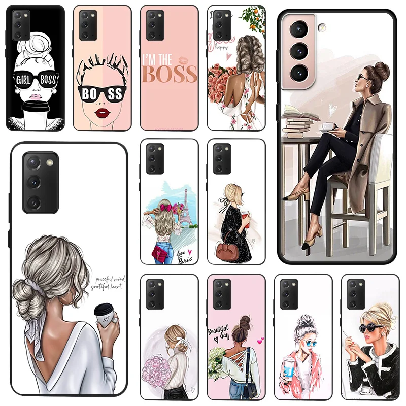

Black Silicone Girl Boss Art Phone Case for Samsung Note 20 Ultra 10 9 8 Galaxy S20 FE S21 S22 5G S10 Plus Lite Matte Soft Cover