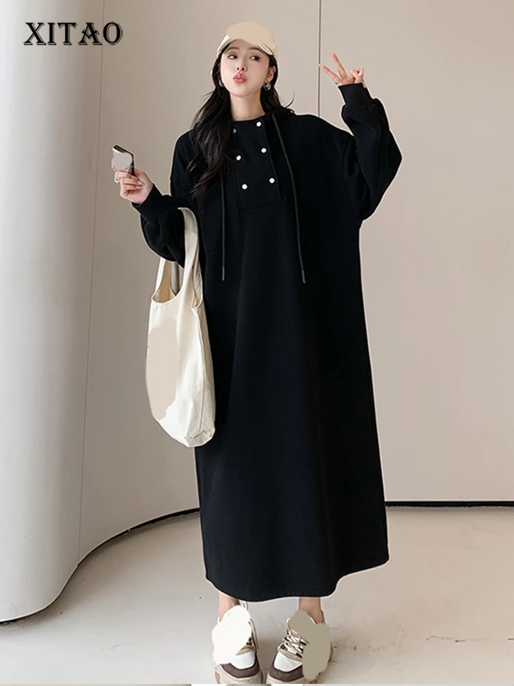 

XITAO однотонное платье с капюшоном и воротником для женщин, Корея, Осень-зима 2023, Новое поступление, индивидуальное модное Свободное платье с длинными рукавами, HQQ1238