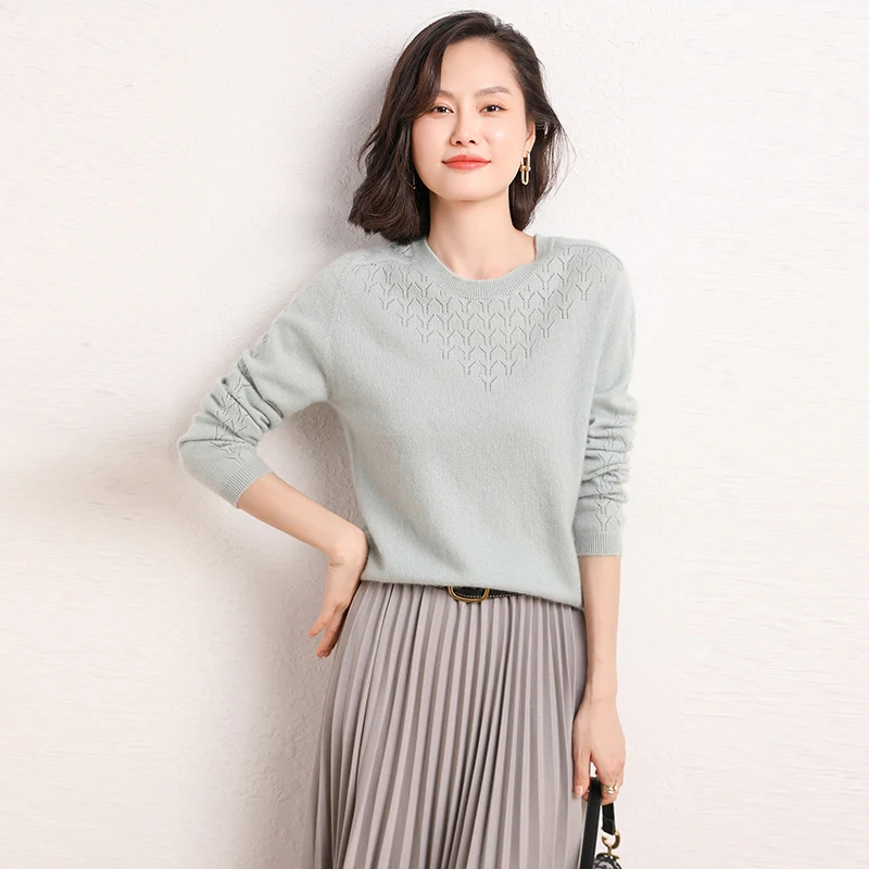 2022Autumn And Winter New Sweater Women Cashmere Korean Version Of Clothing High-end Comfortable Round Neck Hollow Knit Pullover