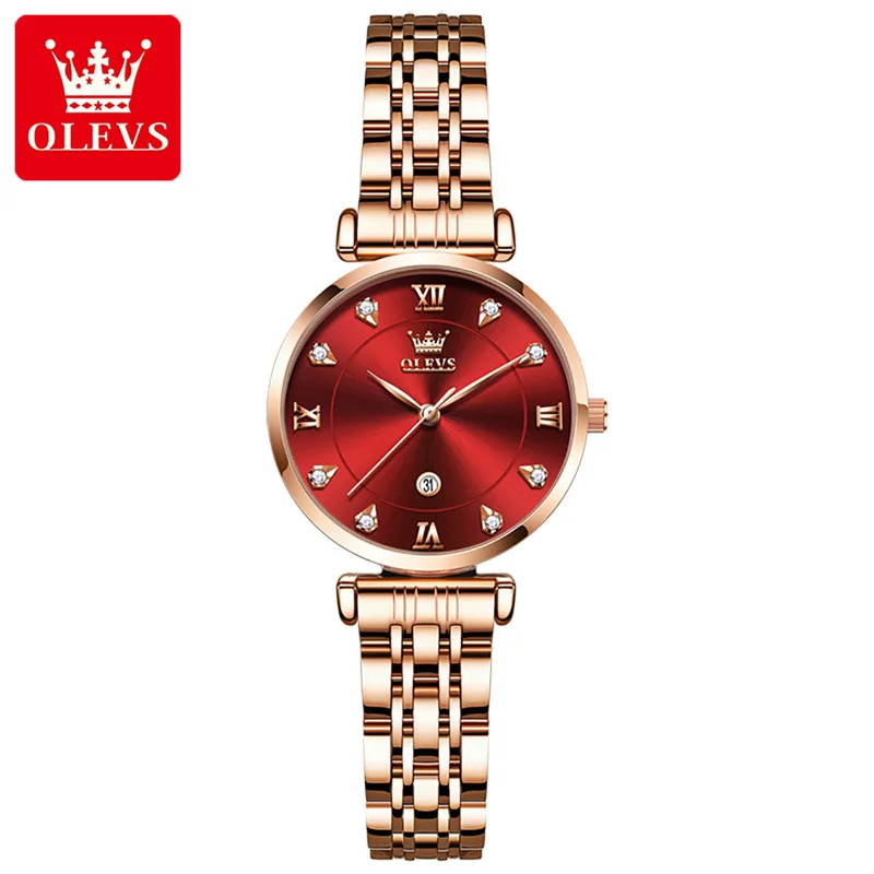 2023 OLEVS Luxury Fashion Rose Gold Diamond Women Watches Wine Red Female Quartz Wrist Watch Ladies Reloj Mujer Relogio enlarge
