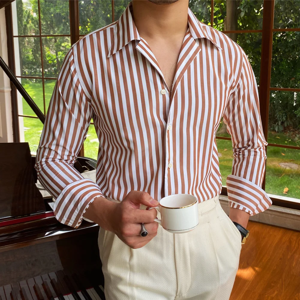 

Stripe Business Shirts Men's Cuba Collar Long Sleeve Shirt British Fashion Slim Shirt Trend Men Shirt Office Tuxedo Shirt Social