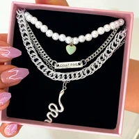 flatfoosie punk silver color multi layer snake pendant necklace for women fashion heart animal pearl chain necklace jewelry gift