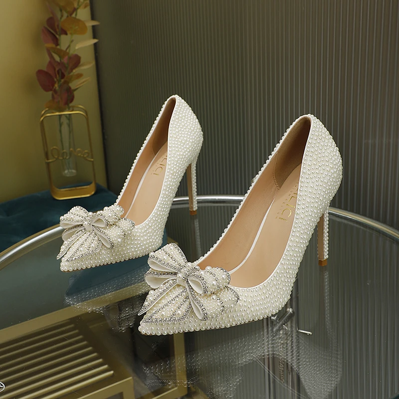 

SDTRFT 2023 роскошные женские свадебные туфли с жемчугом и бриллиантами 10 см тонкие высокие туфли-лодочки для невесты женские блестящие тонкие туфли-лодочки