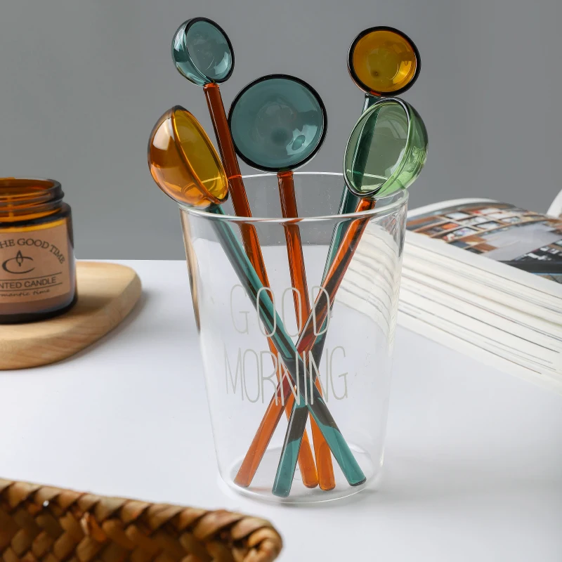 

Creative milk dessert spoon color transparent high temperature glass spoon cute long handle coffee stirring round spoon