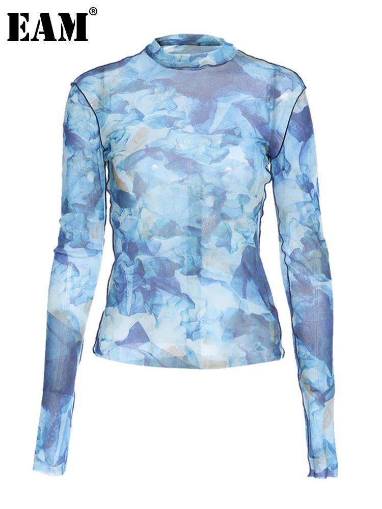 

[EAM] Women Blue Pattern Printed High Elastic Thin T-shirt New Turtleneck Long Sleeve Fashion Tide Spring Autumn 2022 1Z172