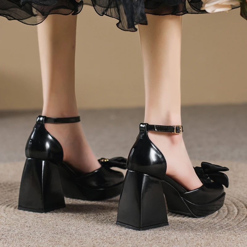 White Platform Heels Women Chunky Heel Mary Jane Sandals Summer 2023 New Bow Elegant Heeled Pumps Buckle Women' Wedding Shoes