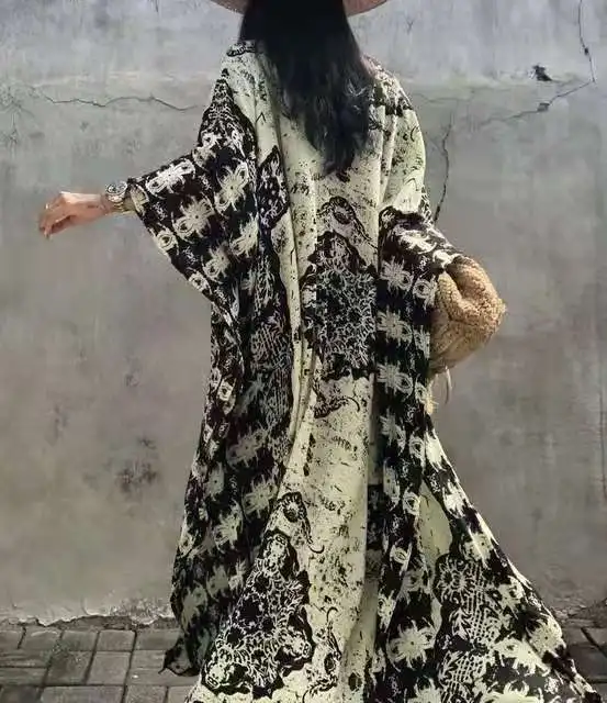 

Beach Style Kaftan Long Maxi Dress Serpentine Stripe Print Bohemia Caftan Moroccan Robe Retro-fashion Design Cotton Home Wearing