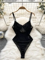 sexy black bodysuit for women v neck spaghetti strap sleeveless hollow out floral lace backless skinny bodysuits body tops