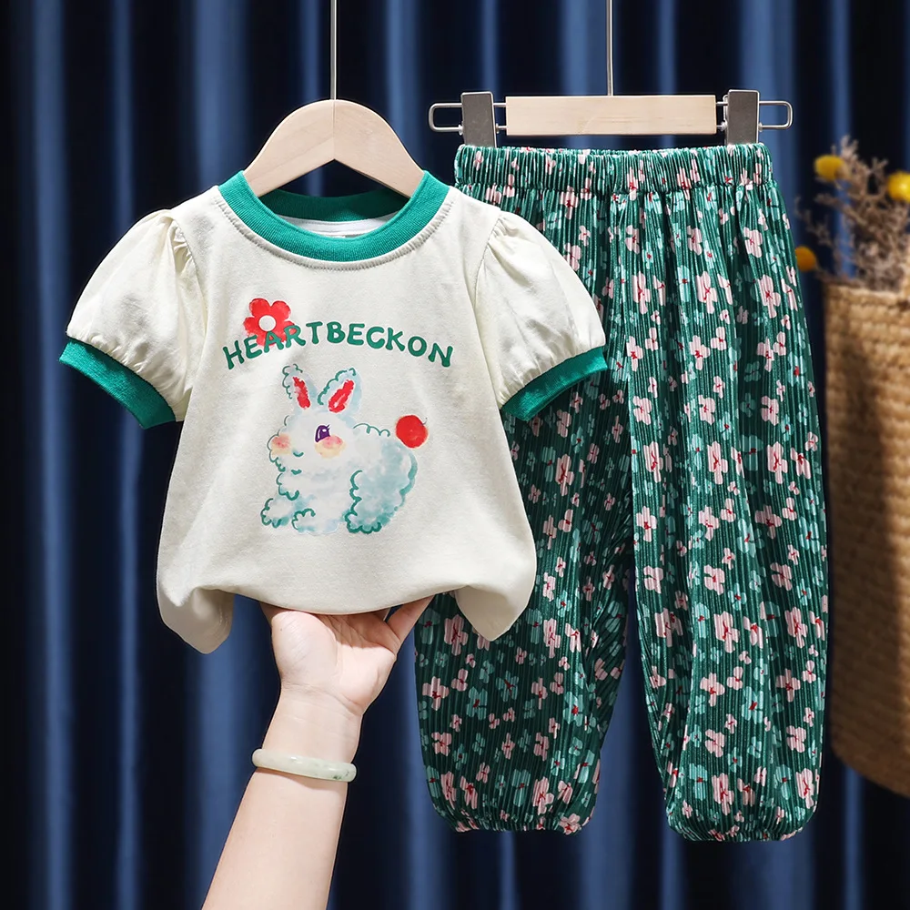 

Girls Summer Cartoon T-Shirt Suits Children Short-Sleeved+Pants Baby Rabbit Printed Top Floral Trousers 2Pcs Sets Kis clothes