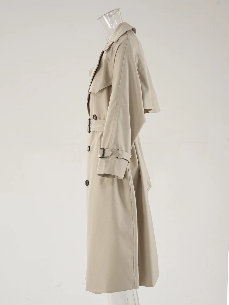 DEAT модный женский бежевый плащ с зубчатым воротником свободный крой двубортный