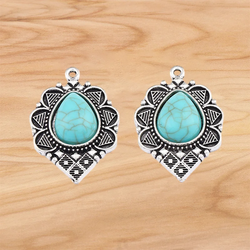 

8 Pieces Tibetan Silver Boho Imitation Turquoises Stone Water Drop Charms Pendants For DIY Necklace Earring Accessories 34x31mm