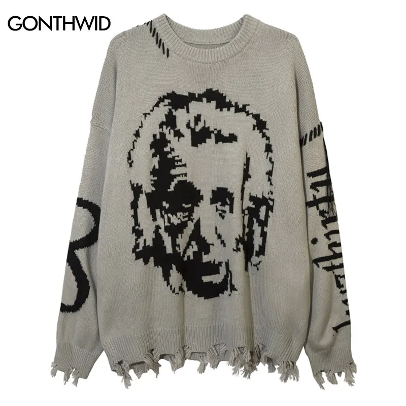 Hip Hop Vintage Sweater Y2K Grunge Ripped Knitted Einstein Punk Gothic Pullover Jumper Streetwear Harajuku Casual Loose Sweaters
