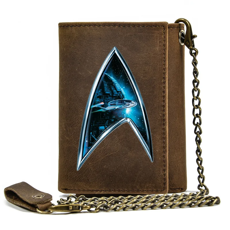 

High Quality Men Genuine Leather Wallet Anti Theft Hasp With Iron Chain Classic Starfleet Symbol Cover Card Holder Short Purse