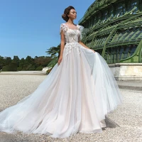 simple and elegant dream tulle wedding dress short sleeve lace appliqu%c3%a9 round neck a line tail skirt custom dress