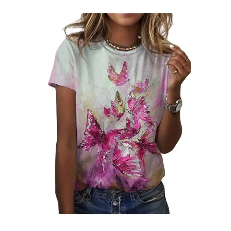 

Vrouwen Korte Mouw футболка, Ронда Hals, 3D печать, Повседневная Свободная футболка, vrouwen городская мода, Vlinder печать