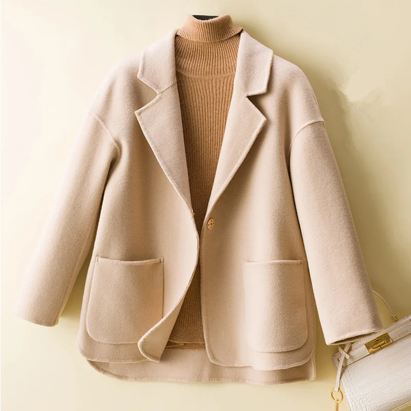 

Женское Однотонное шерстяное пальто, свободное короткое офисное пальто с большими карманами, осень-весна