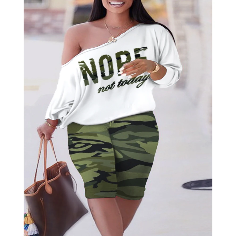 Summer Casual Camouflage Letter Print Skew Collar Cold Shoulder Tee Top & Capris Pants Set 2 Piece Set Women Outfits Streetwear
