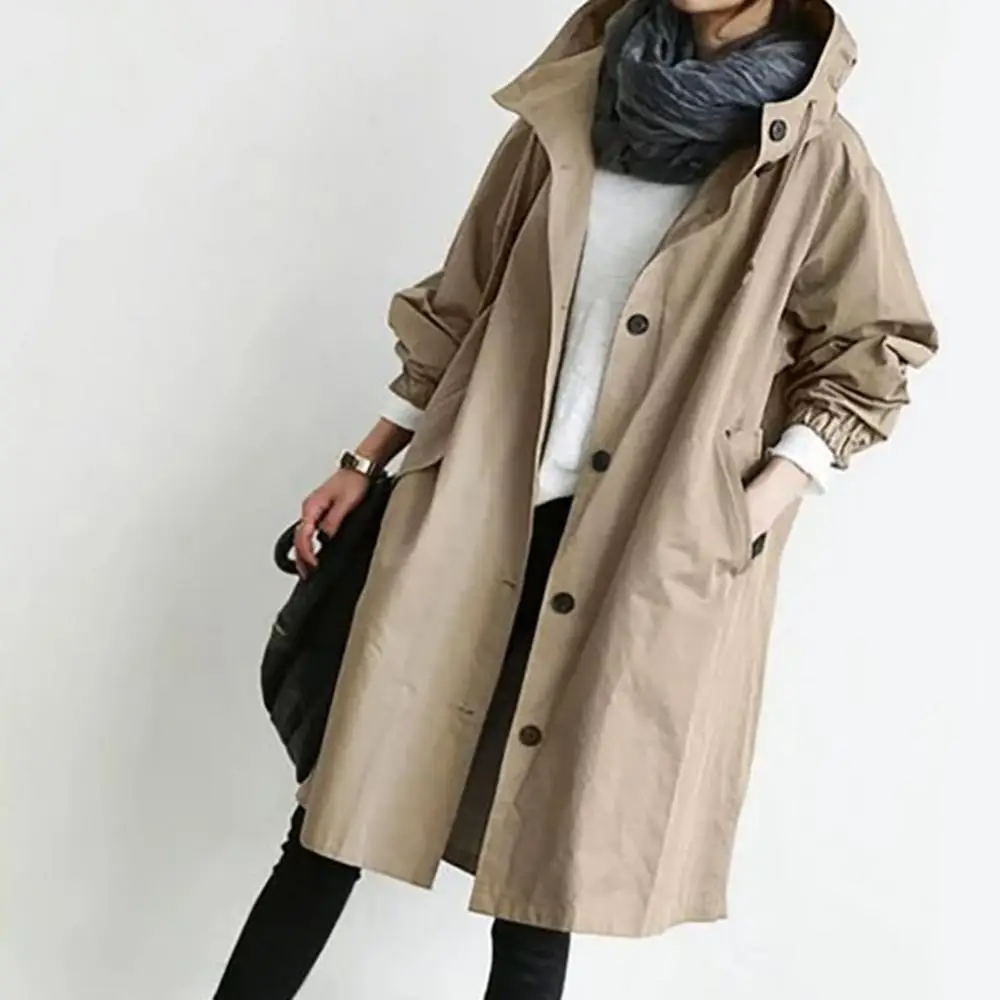 

Women Autumn Solid Color Pocket Hooded Jacket Coat Windbreaker Long Trench Coat Outerwear Casual Street Fashion Female Clothes