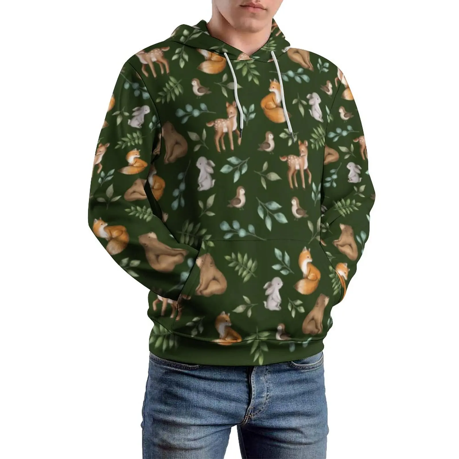 

Forest Animals Print Casual Hoodies Long Sleeve Green Woodland Trendy Pullover Hoodie Spring Unisex Loose Oversized Graphic Top