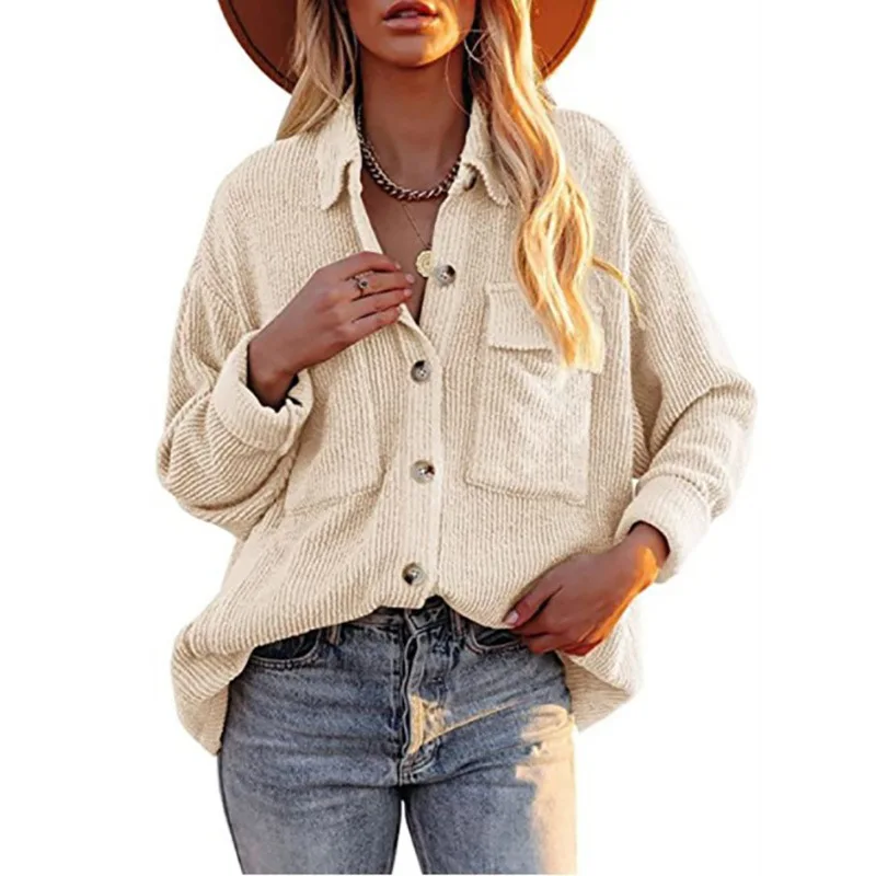 

2021 Autumn Corduroy Jacket for Lady Overshirt Blouse for Women Winter Button Tops Solid Loose Long Sleeve Coat Shirts Female