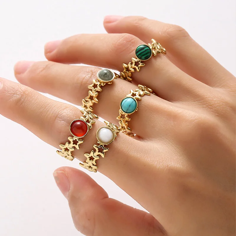 

Stainless Steel Natural Stone Opal Rings For Women Star Ring Hollow Open Adjustable Wedding Vintage Jewelry Gift Party