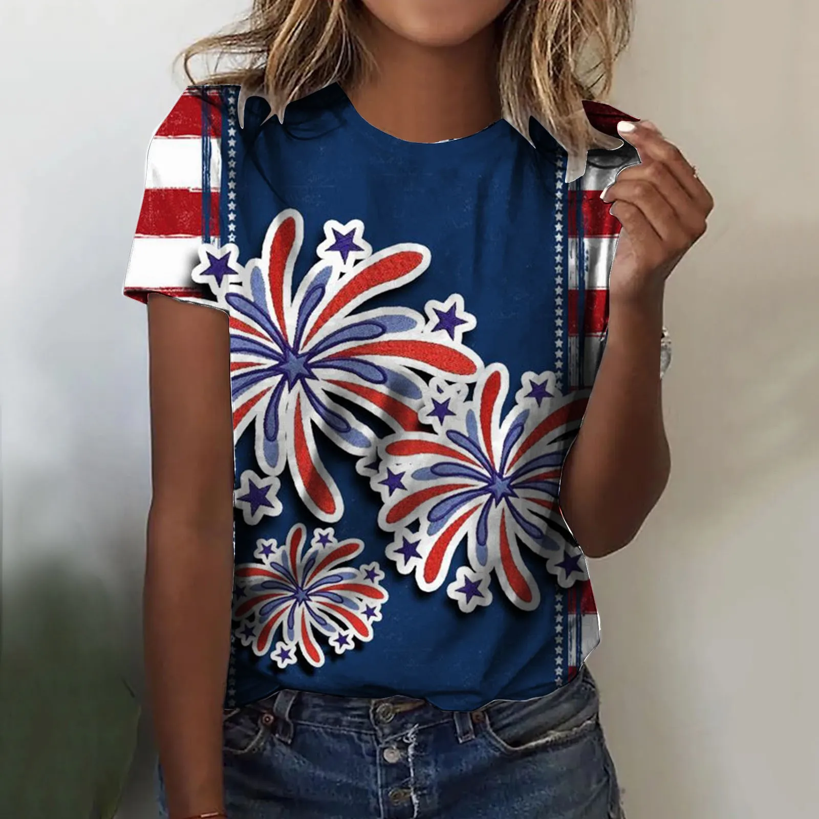 

Женская летняя блузка-туника с коротким рукавом и круглым вырезом