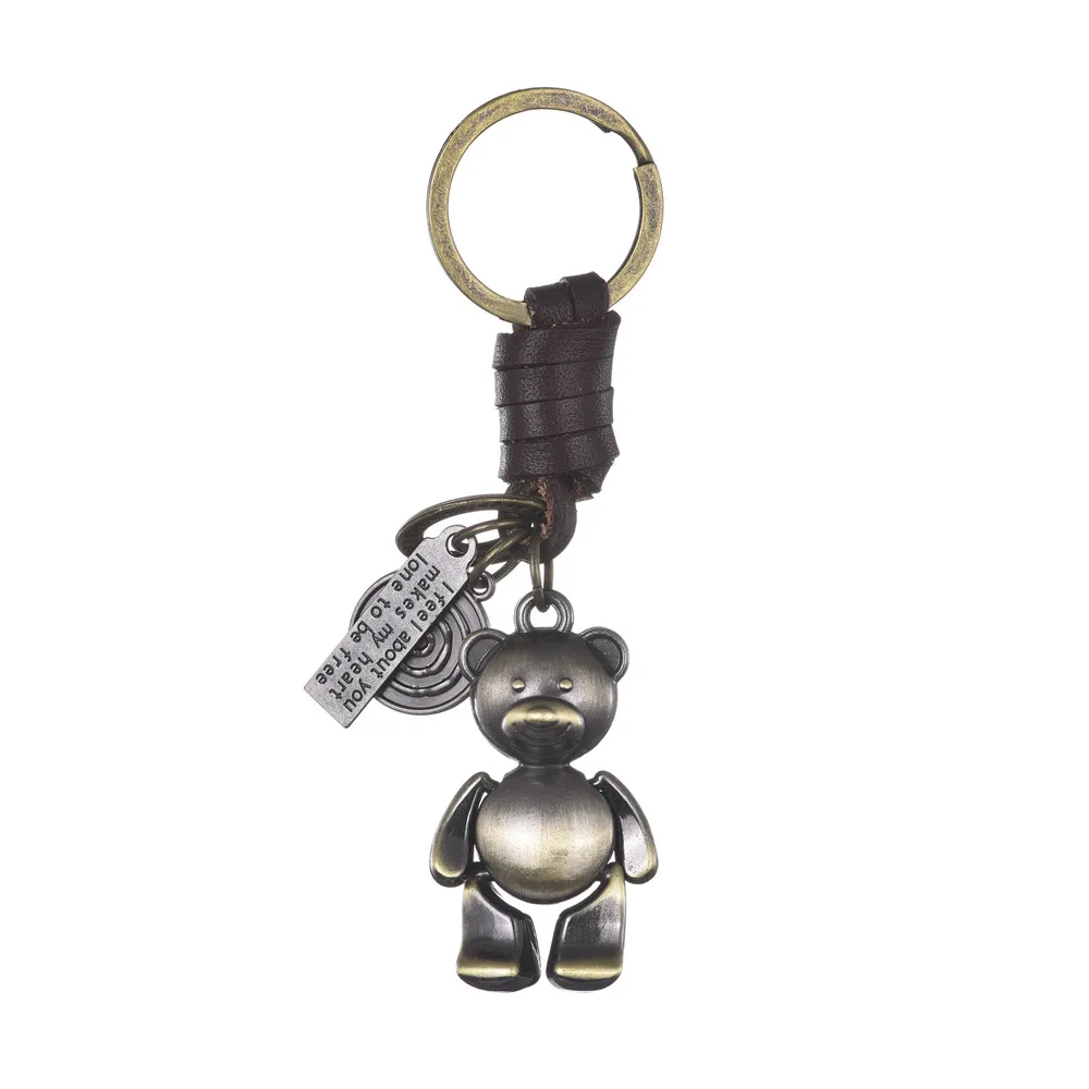 

Punk style cartoon animal bear cowhide keychain retro woven leather car keychain small gift