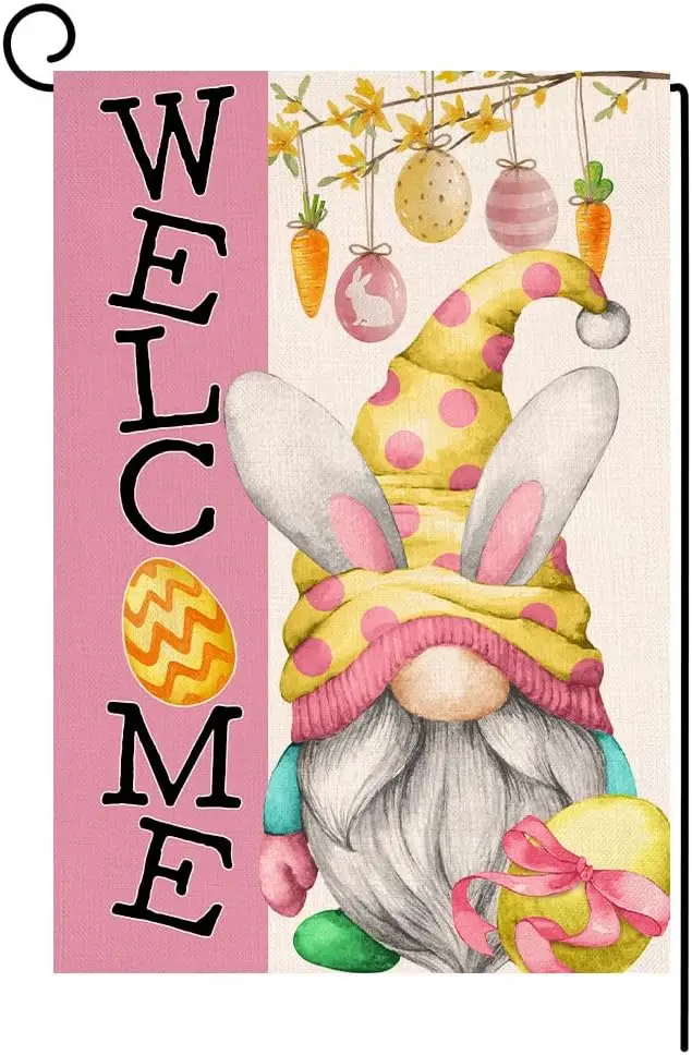 

Easter Gnome Garden Flag 12x18in Double Sided Welcome Spring Easter Eggs Farmhouse Holiday Outside Decorations Burlap Yard