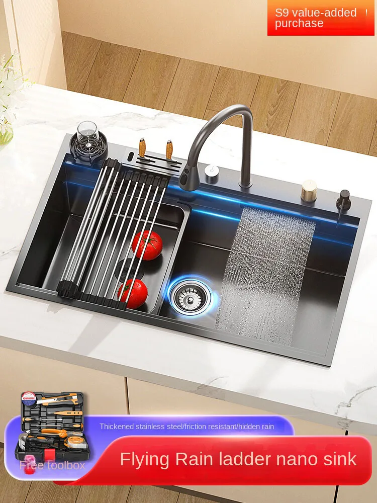 

Waterfall Sink Handmade Thickened Nano 304 Stainless Steel Undertray Kitchen Household Dishwashing Pool Vegetable Washing Basin