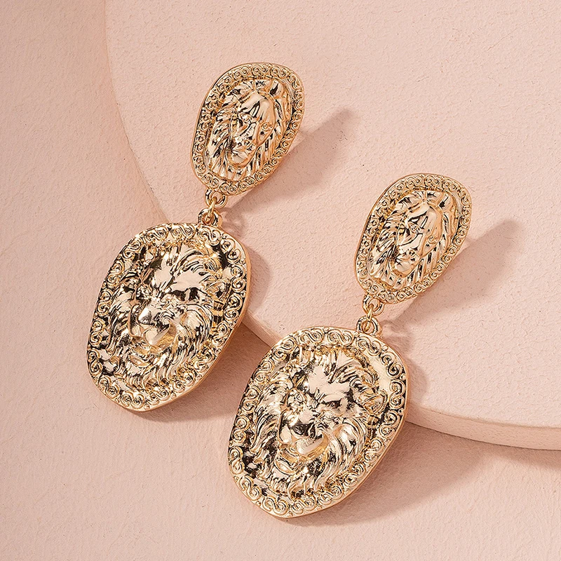 Винтажные женские серьги с тиснением в виде головы льва металлические крутые