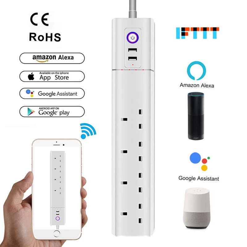 

Штепсельная Вилка стандарта Великобритании, 4 розетки + USB Смарт-кабель U7n, штепсельная вилка, 4 розетки, зарядка через 4USB, умный блок питания с Wi-Fi, переключатель с независимым управлением