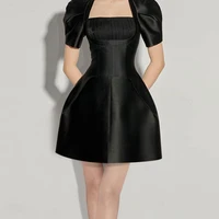 summer 2022 dress square collar new summer design waist black niche french women casual sheath bodycon dress