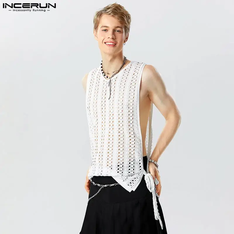 

Sexy Stylish Style Tops INCERUN New Men's Bubble Mesh Hollowed Tank Tops Casual Solid Male Loose Sleeveless Waistcoat S-5XL 2023