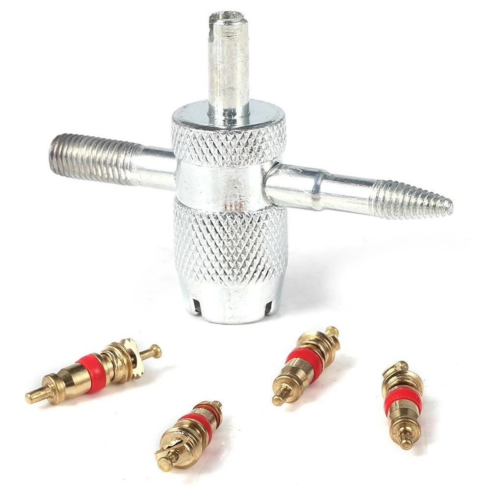 

Car Bike 4 Way Tyre for VALVE Repair Standard Tire Remover Tool + 4 Stem Cores K