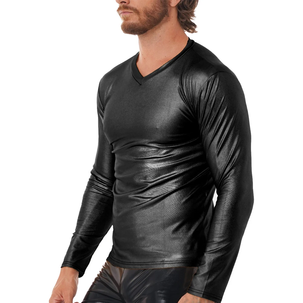 

Mens Shiny Wet Look Long Sleeve T-shirt Top Slim V Neck Blouse Dancing Costume